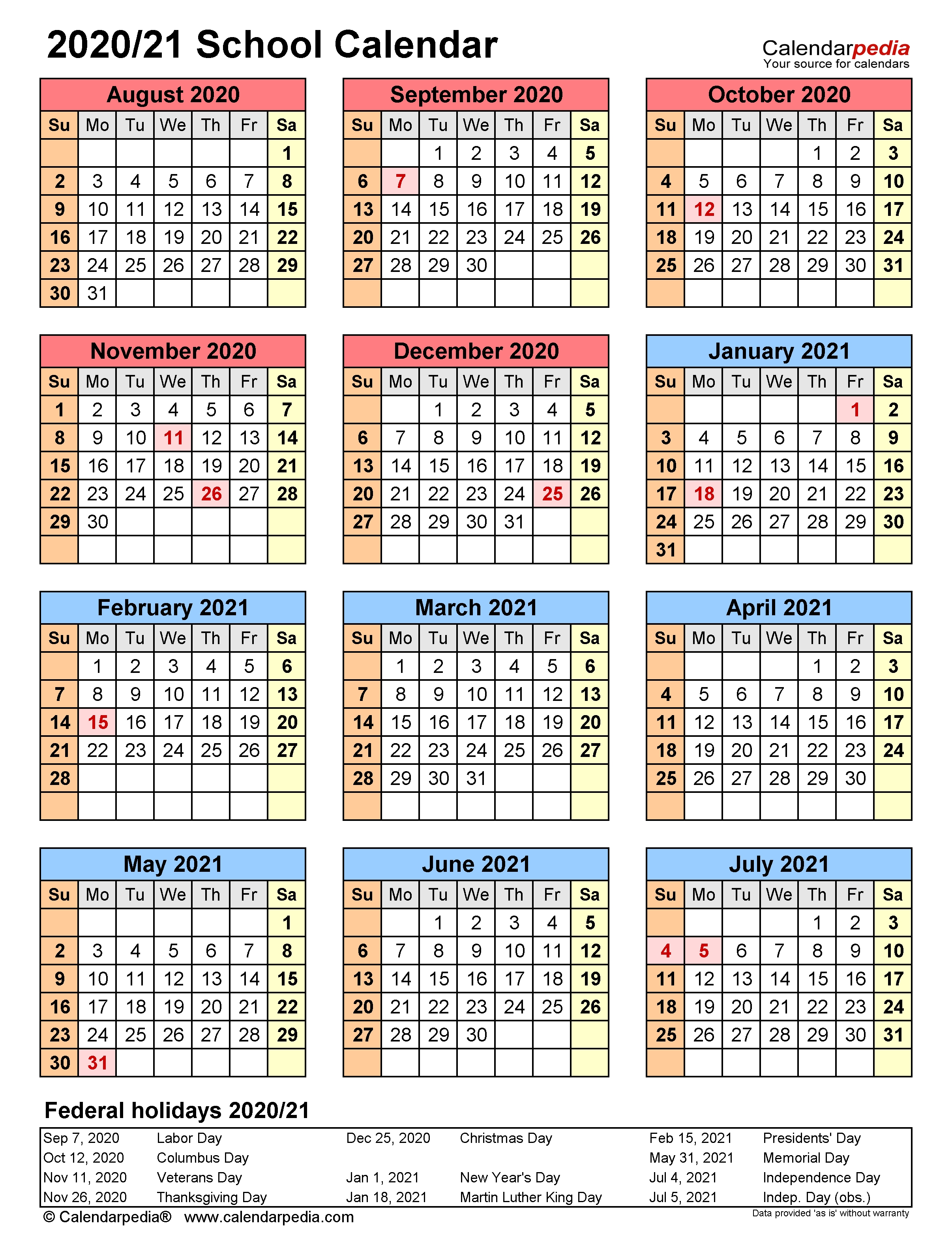 School Calendars 2020/2021 - Free Printable Word Templates