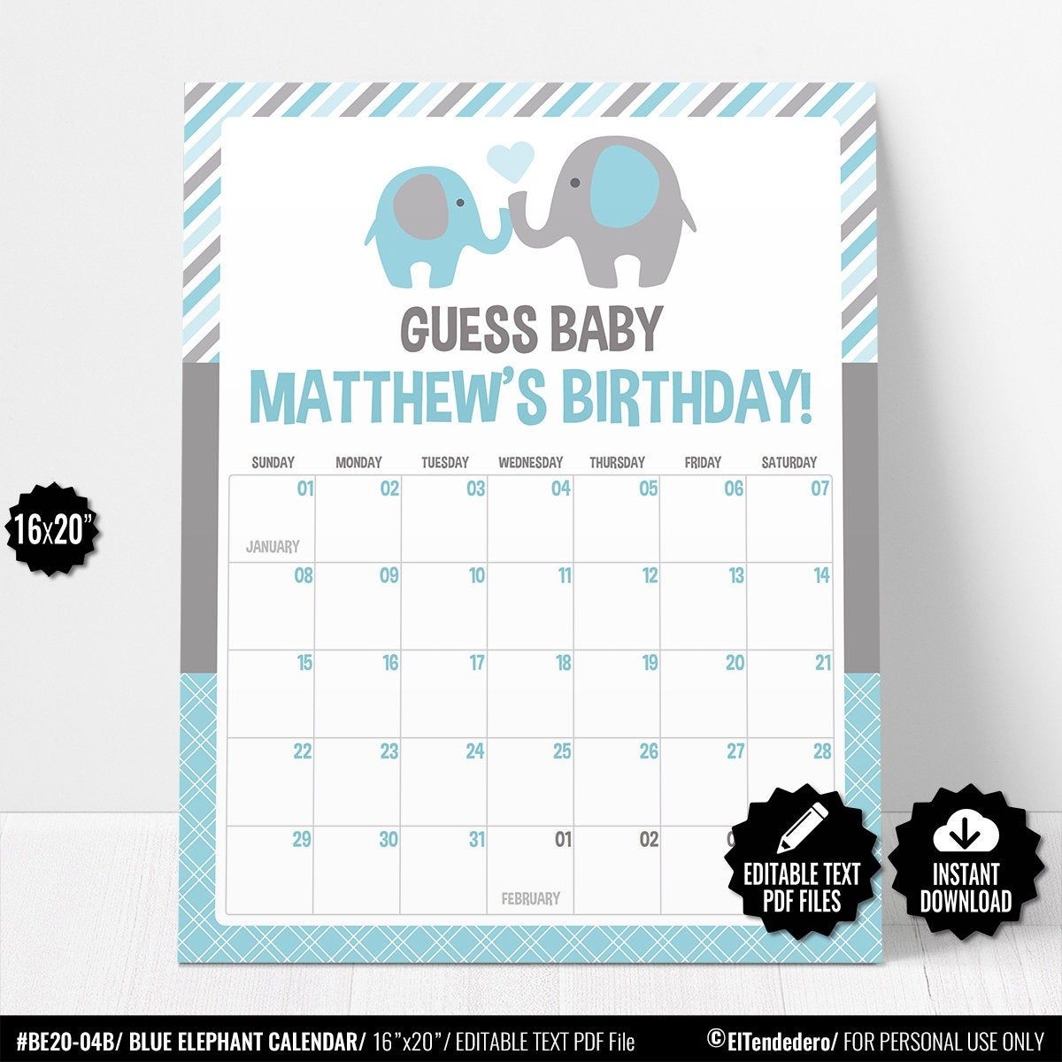 Self Editable Due Date Calendar. Guess Baby Birthday Prediction Game. Blue  Elephant Baby Shower Calendar. Printable Boy Shower Activities