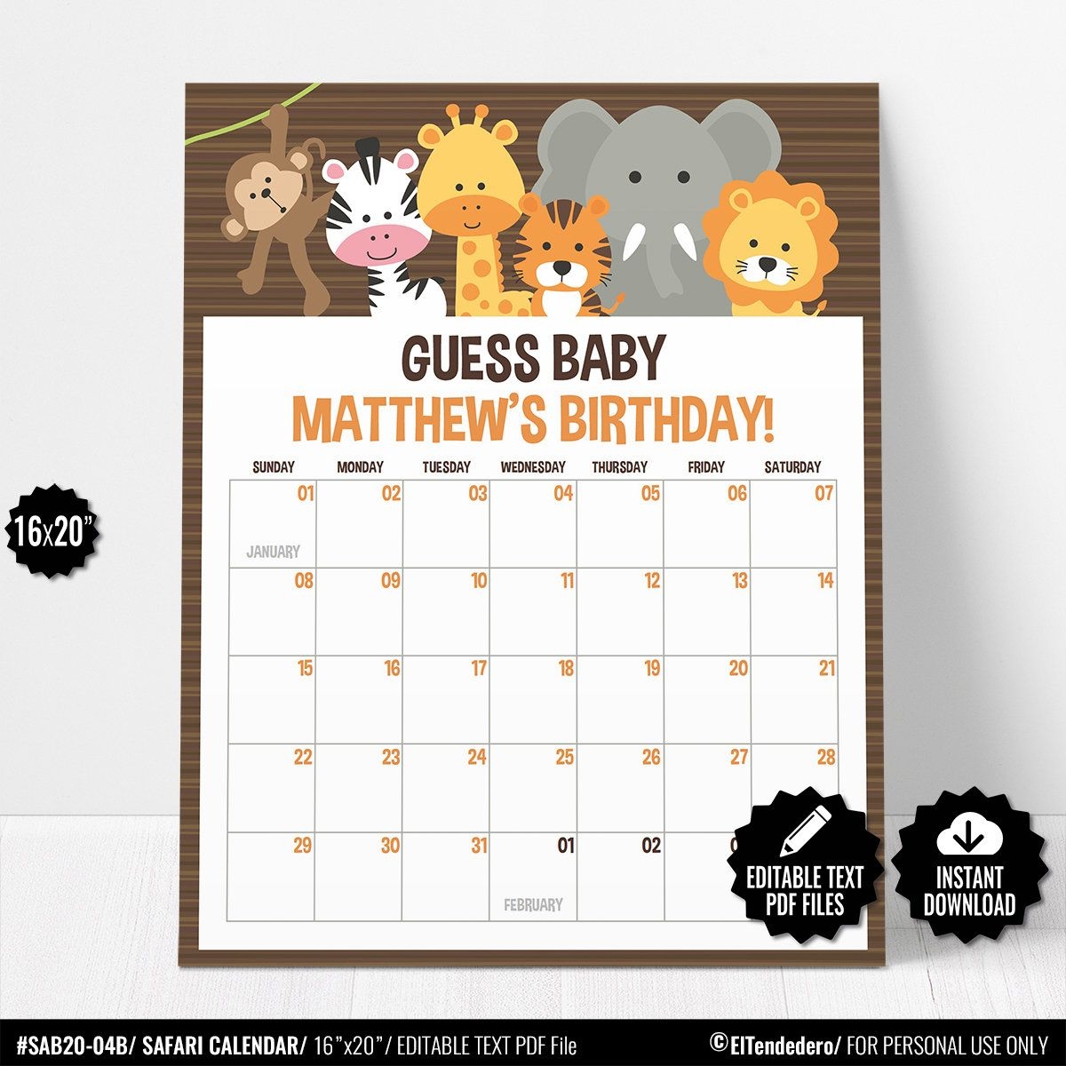 Self Editable Due Date Calendar. Guess Baby Due Date Game. Baby Birthday  Prediction. Safari Baby Shower Calendar Baby Shower Games Printable