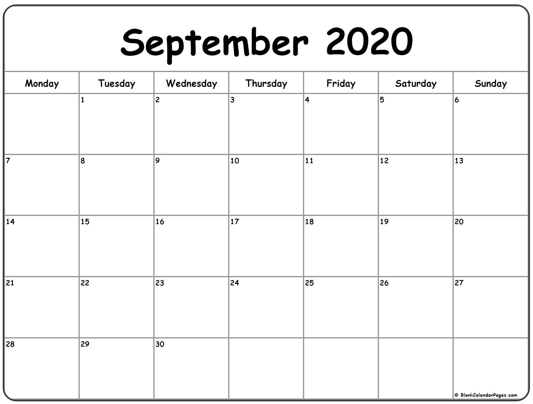 September 2020 Monday Calendar | Monday To Sunday