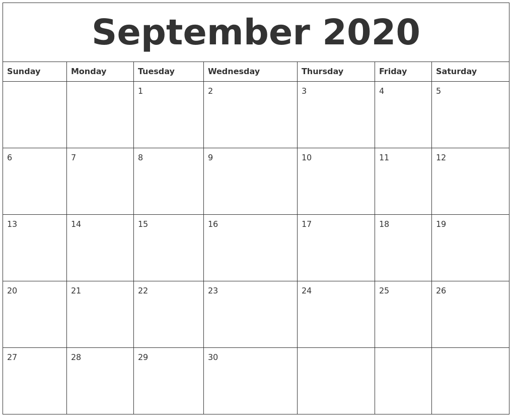 September 2020 Monthly Printable Calendar