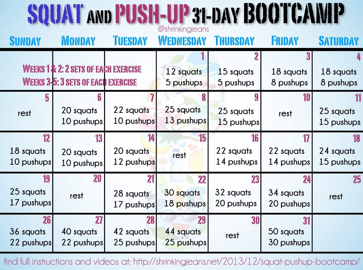 Squat And Push-Up 31-Day Bootcamp: A Free Monthly Workout