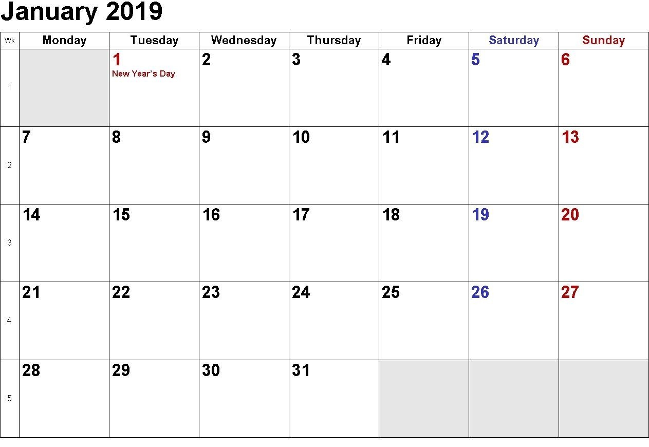 Take Monday Through Friday Blank Calendar 2019 Printable