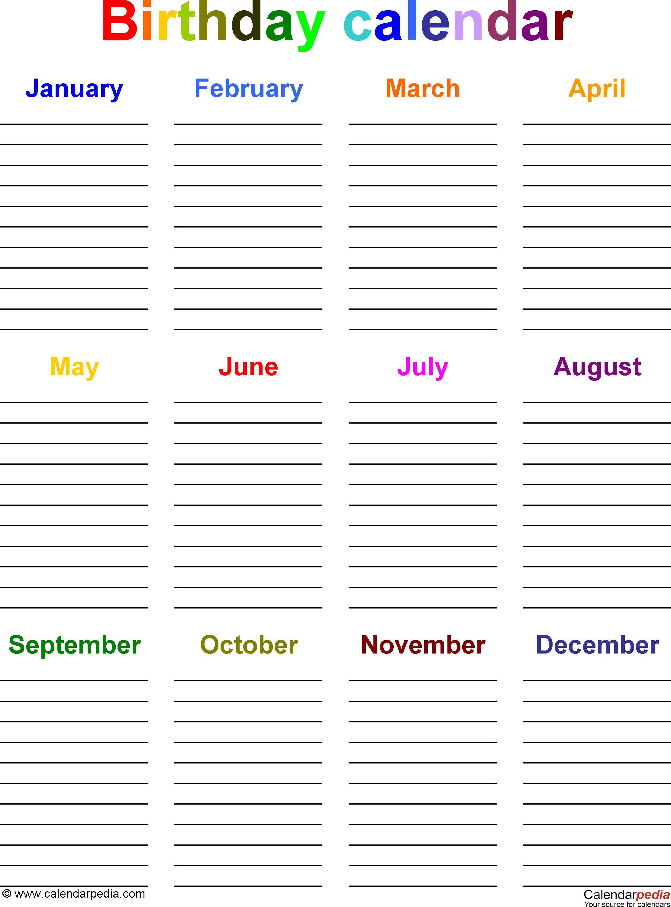 Template 5: Pdf Template For Birthday Calendar In Color