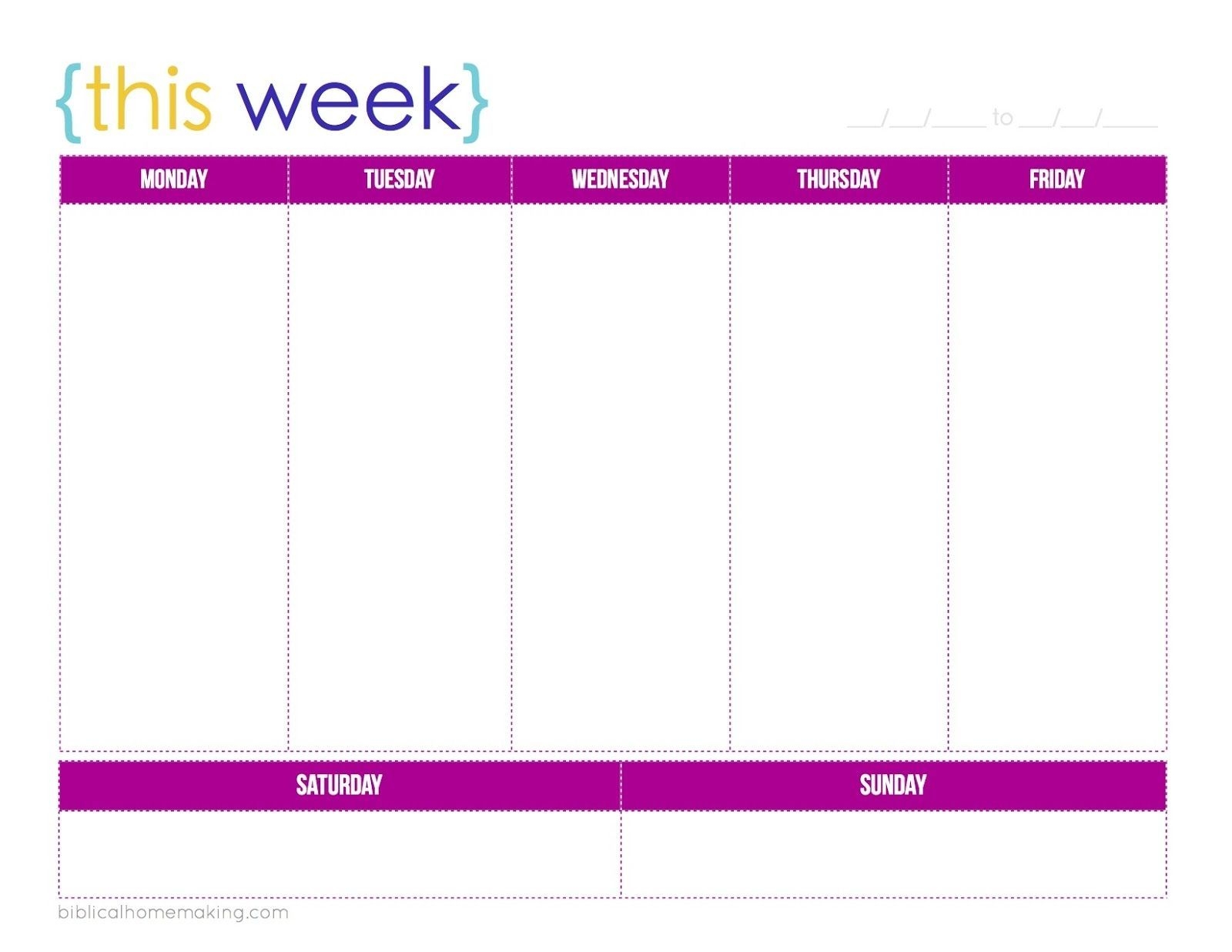 Universal One Week Printable Calnedar