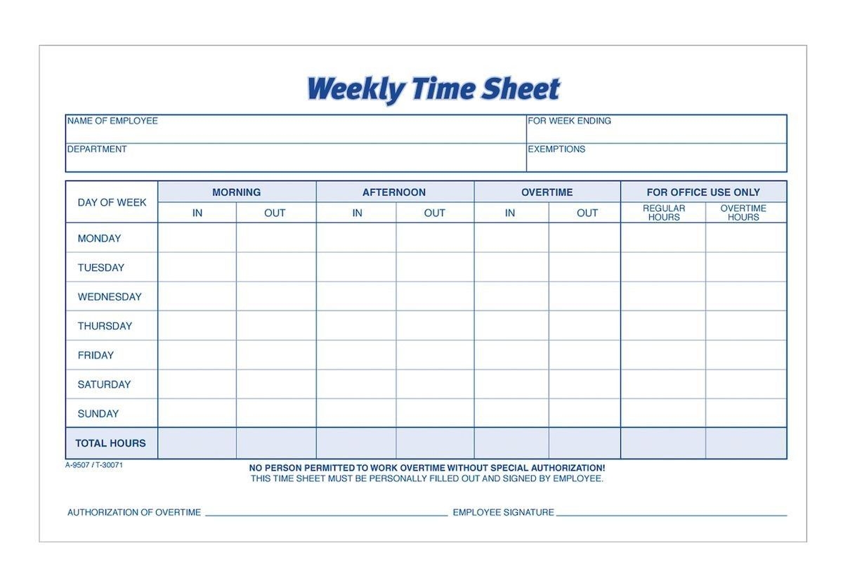 Time Sheet, Weekly, 2-Part, Carbonless, 100 St/pk | Time