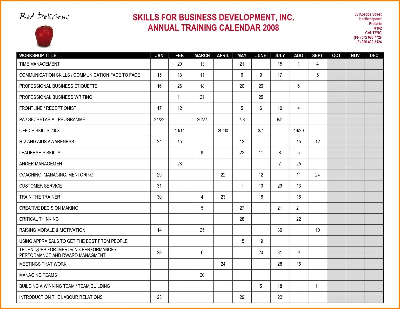 Training Calendar Template