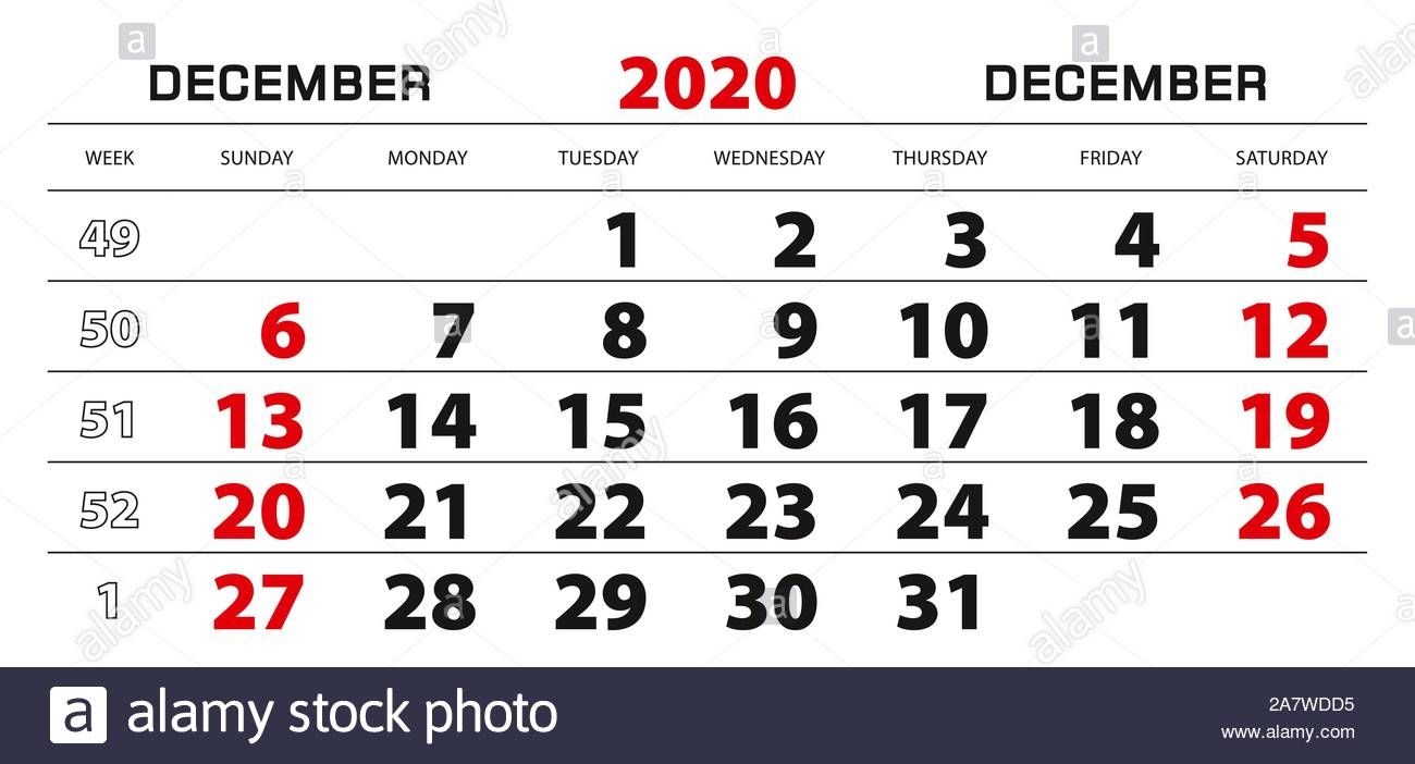 Wall Calendar 2020 For December, Week Start From Sunday