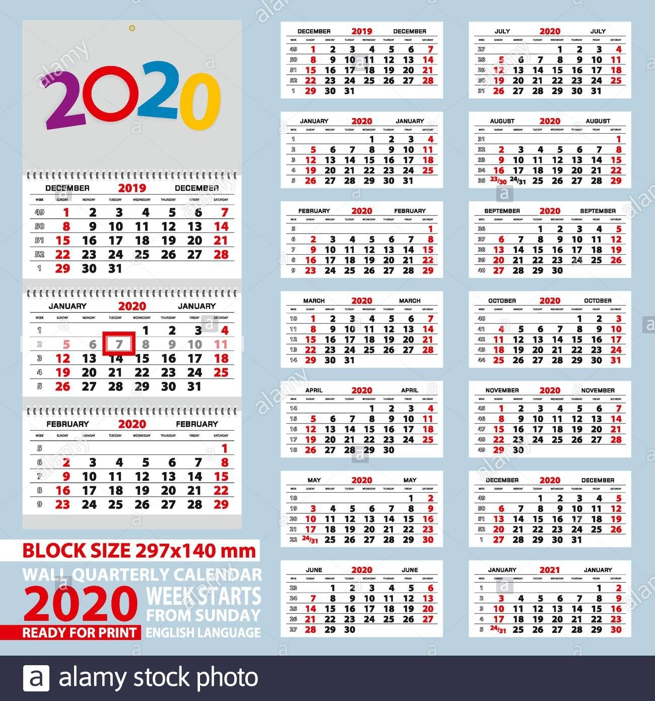 Wall Calendar 2020, Week Start From Sunday. Size A4, Block