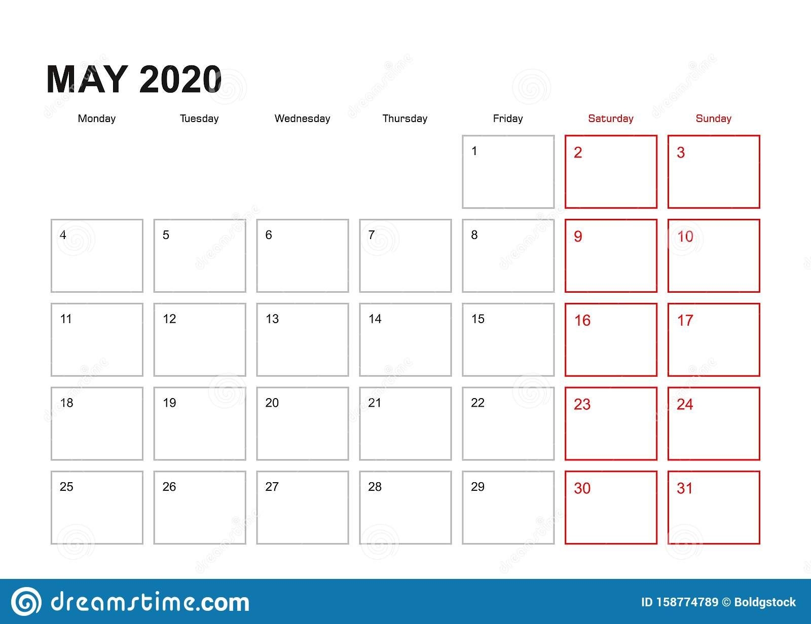 Wall Planner For May 2020 In English Language, Week Starts