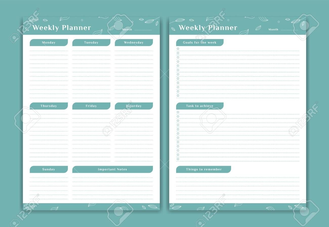 Weekly Planner Schedule Monday To Sunday Set With Weekly Goals..