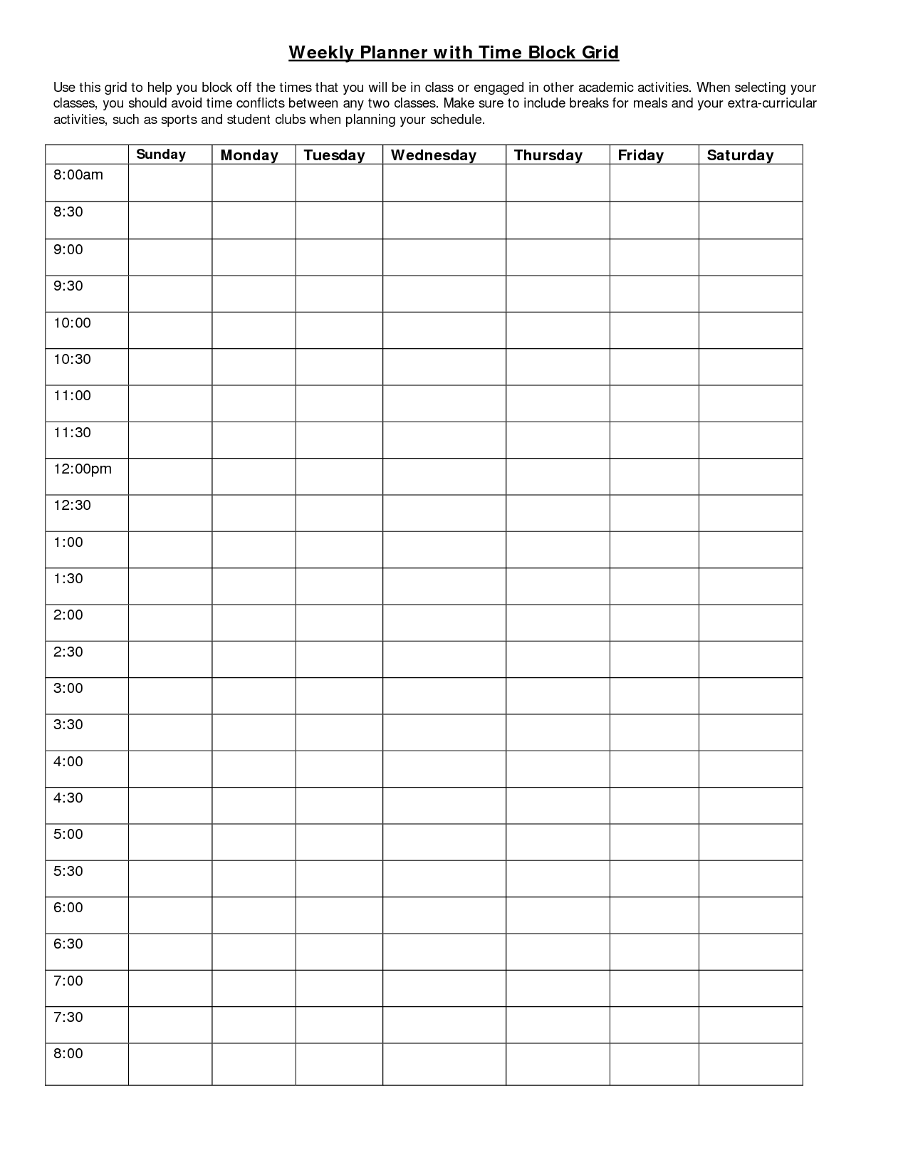 universal free weekly calendar fillable with times starting at 6am