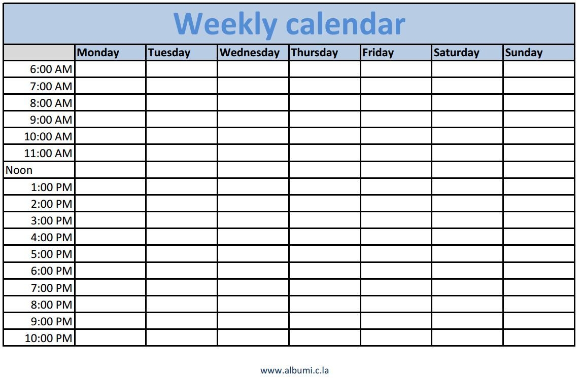 universal free weekly calendar fillable with times starting at 6am