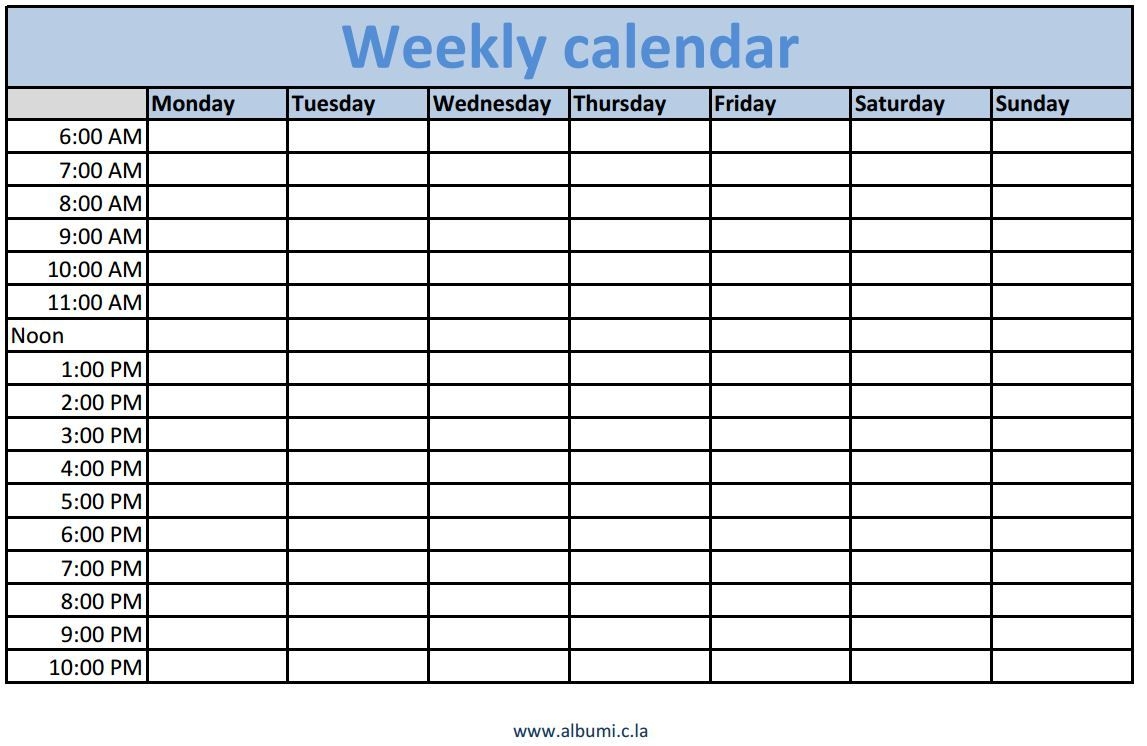 Universal Free Weekly Calendar Fillable With Times Starting At 6Am Get Your Calendar Printable