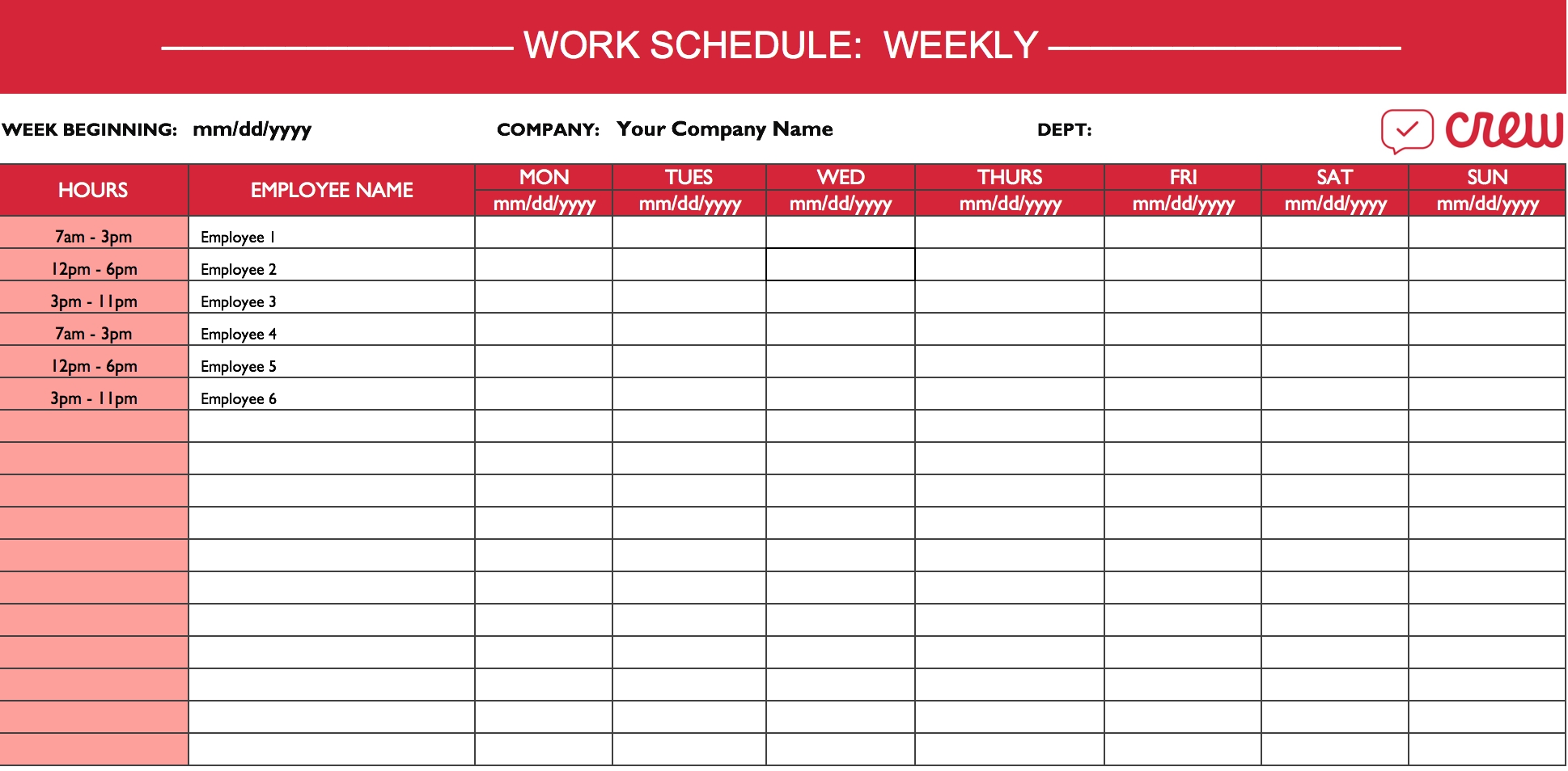 weekly work schedule template printable