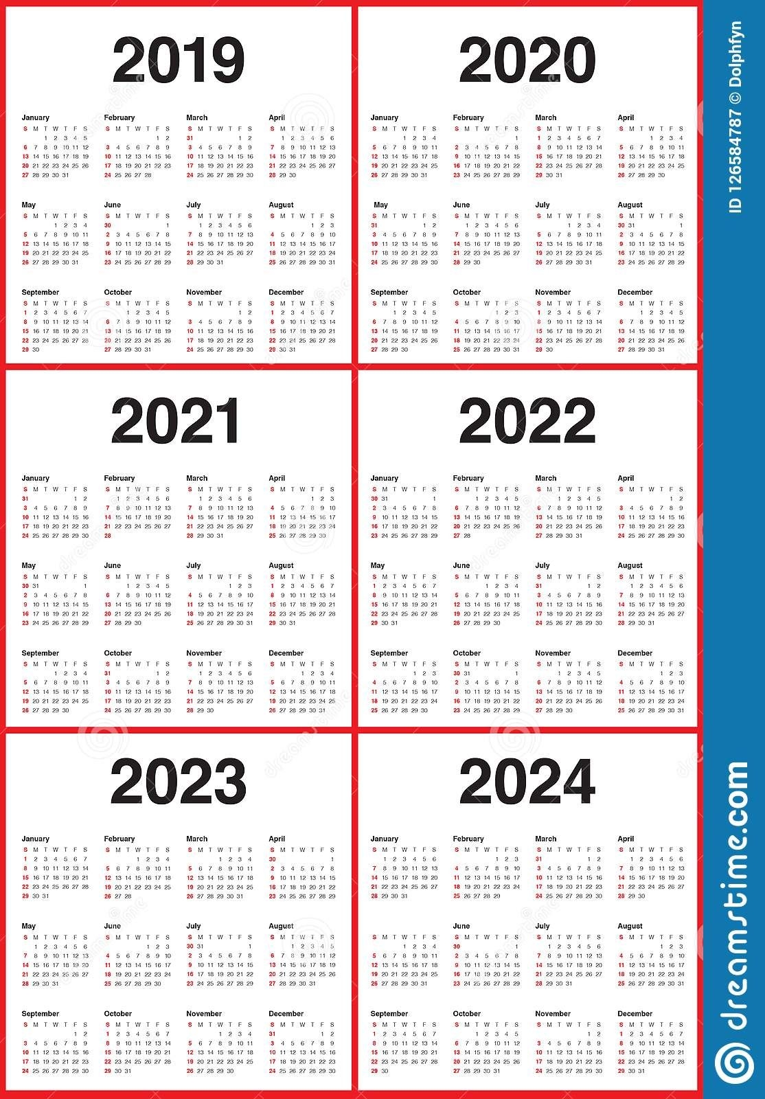 Year 2019 2020 2021 2022 2023 2024 Calendar Vector Design