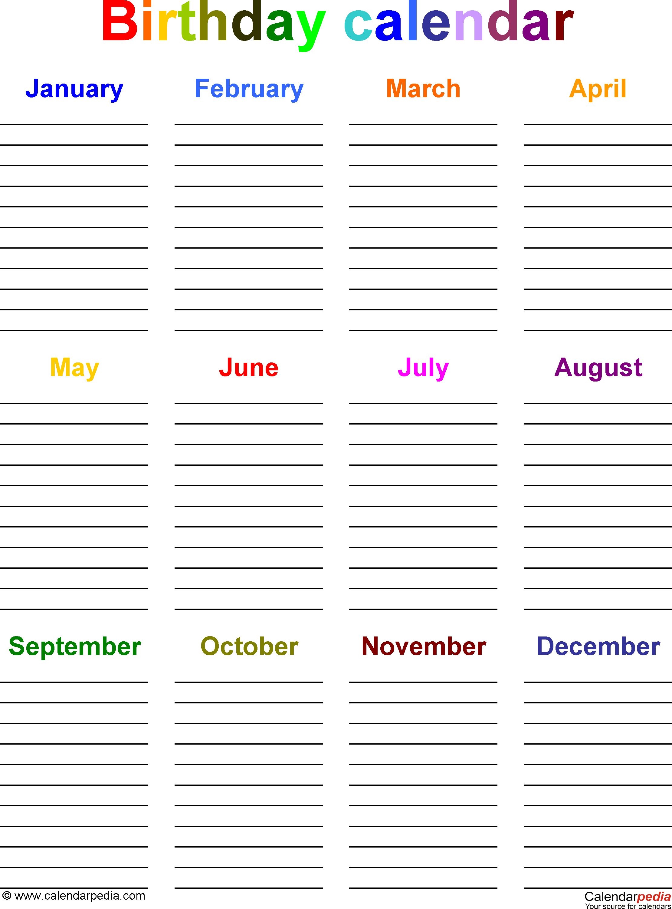 Yearly Birthday Calendar | Templates Free Printable