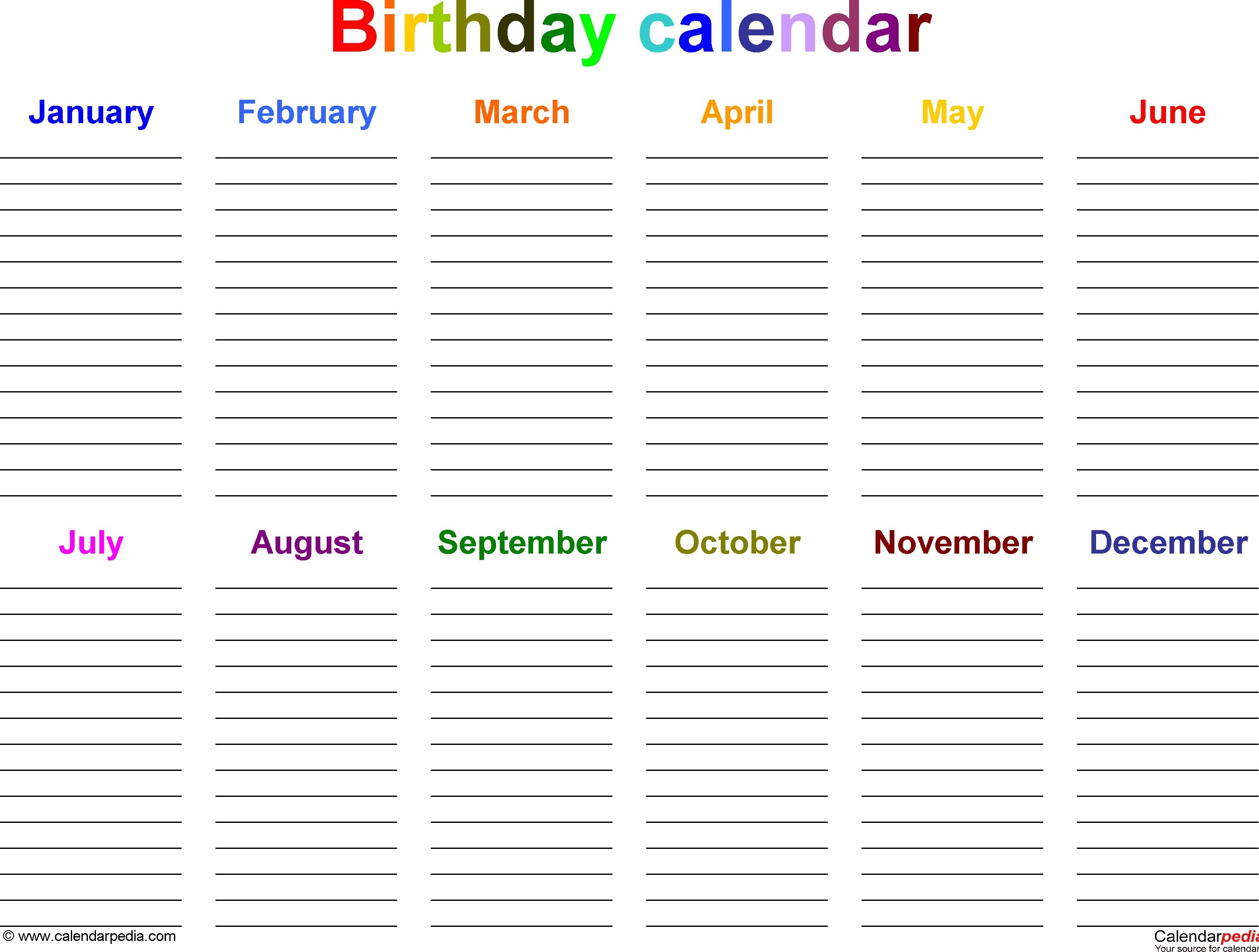 Yearly Birthday Calendar | Templates Free Printable