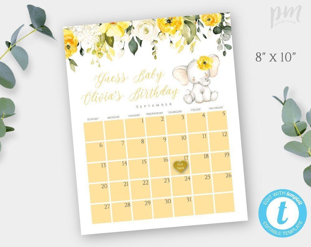 Yellow Floral Elephant Baby Shower Game Template, Guess