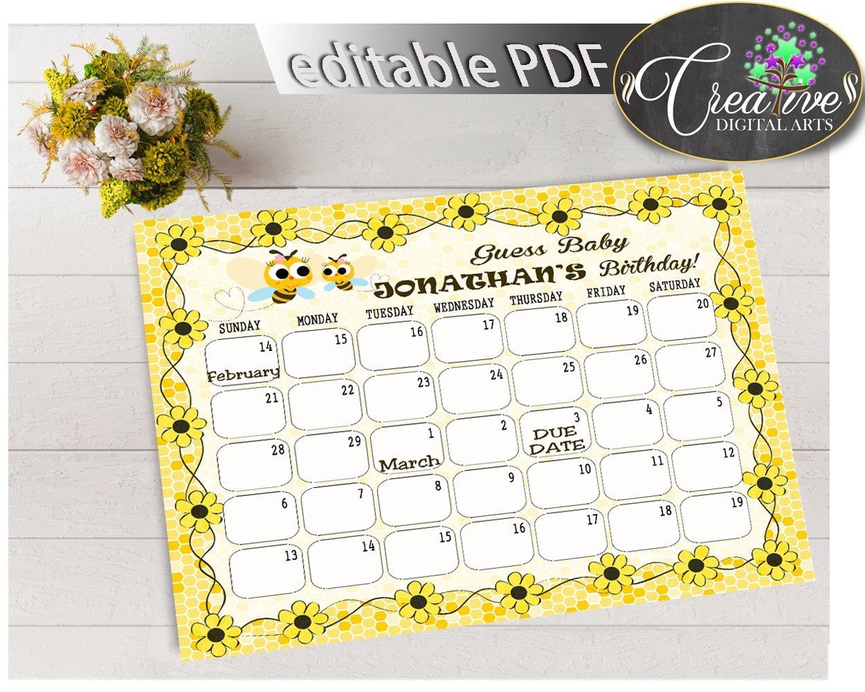 Yellow White Guess Baby Due Date Calendar Game Printable