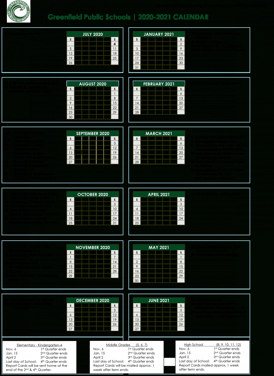 20-21 Academic Year Calendar | Greenfield Public Schools