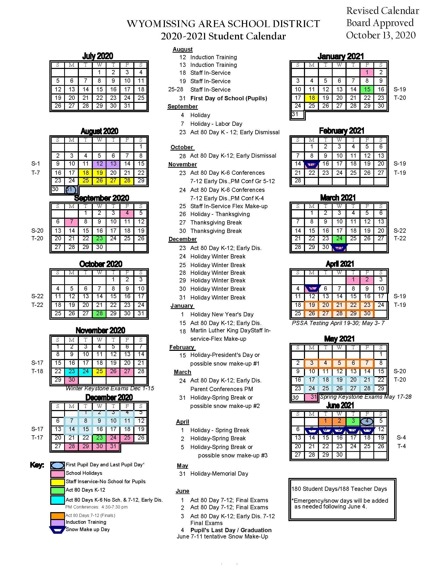 2020-2021 District Calendar - Wyomissing Area School District