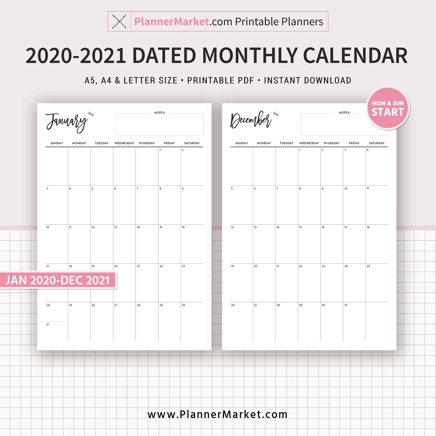 2020-2021 Monthly Calendar, Monthly Planner, Printable Planner Inserts,  Planner Template, A5, A4, Letter Size, Monday And Sunday Start