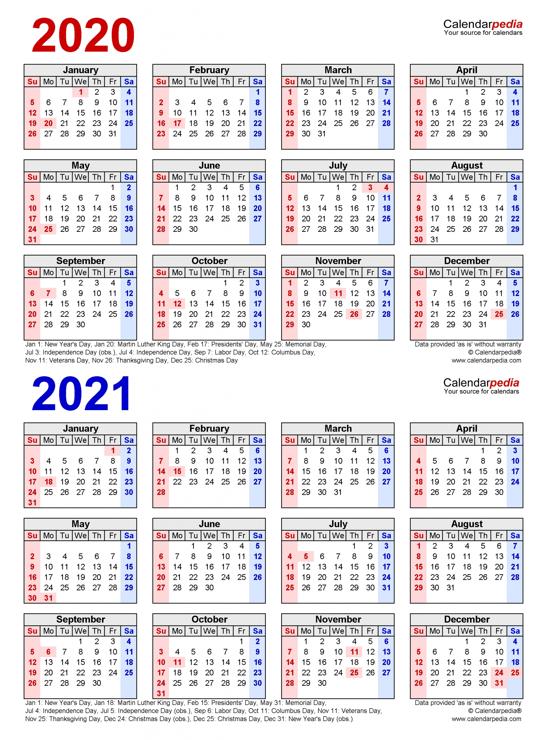 2020-2021 Two Year Calendar - Free Printable Pdf Templates