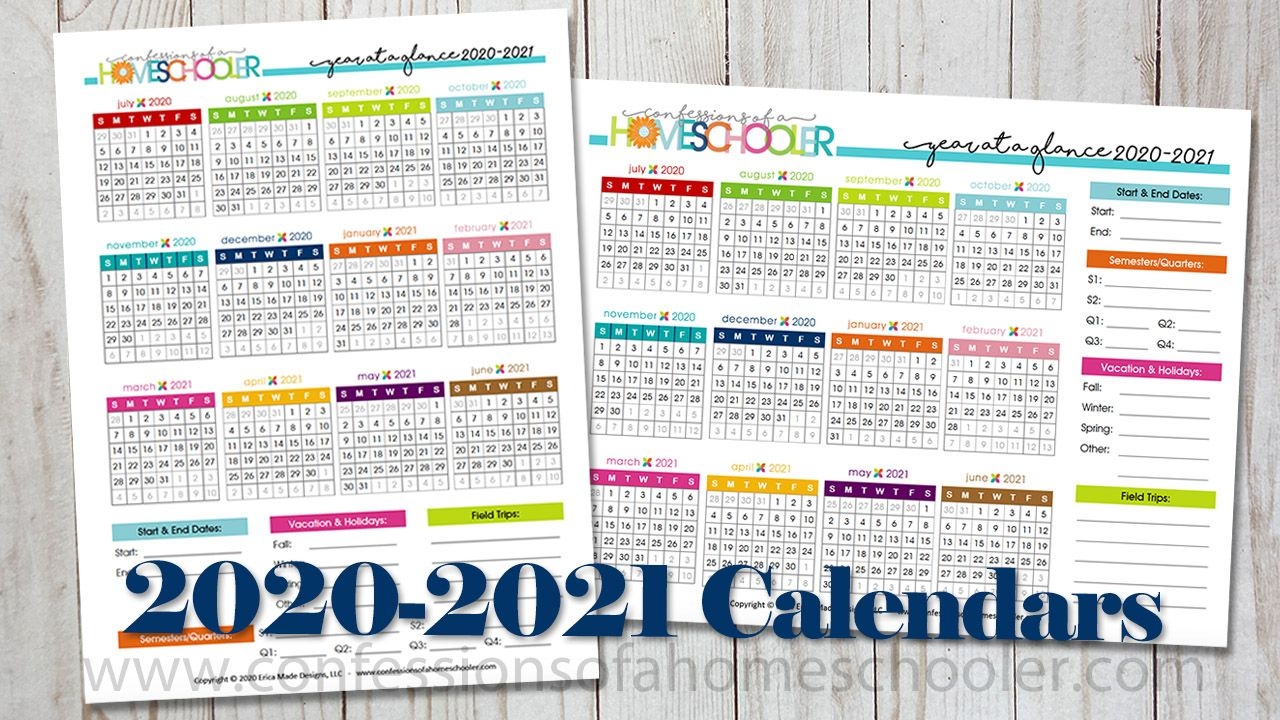 2020-2021 Year At A Glance Printable Calendars - Confessions
