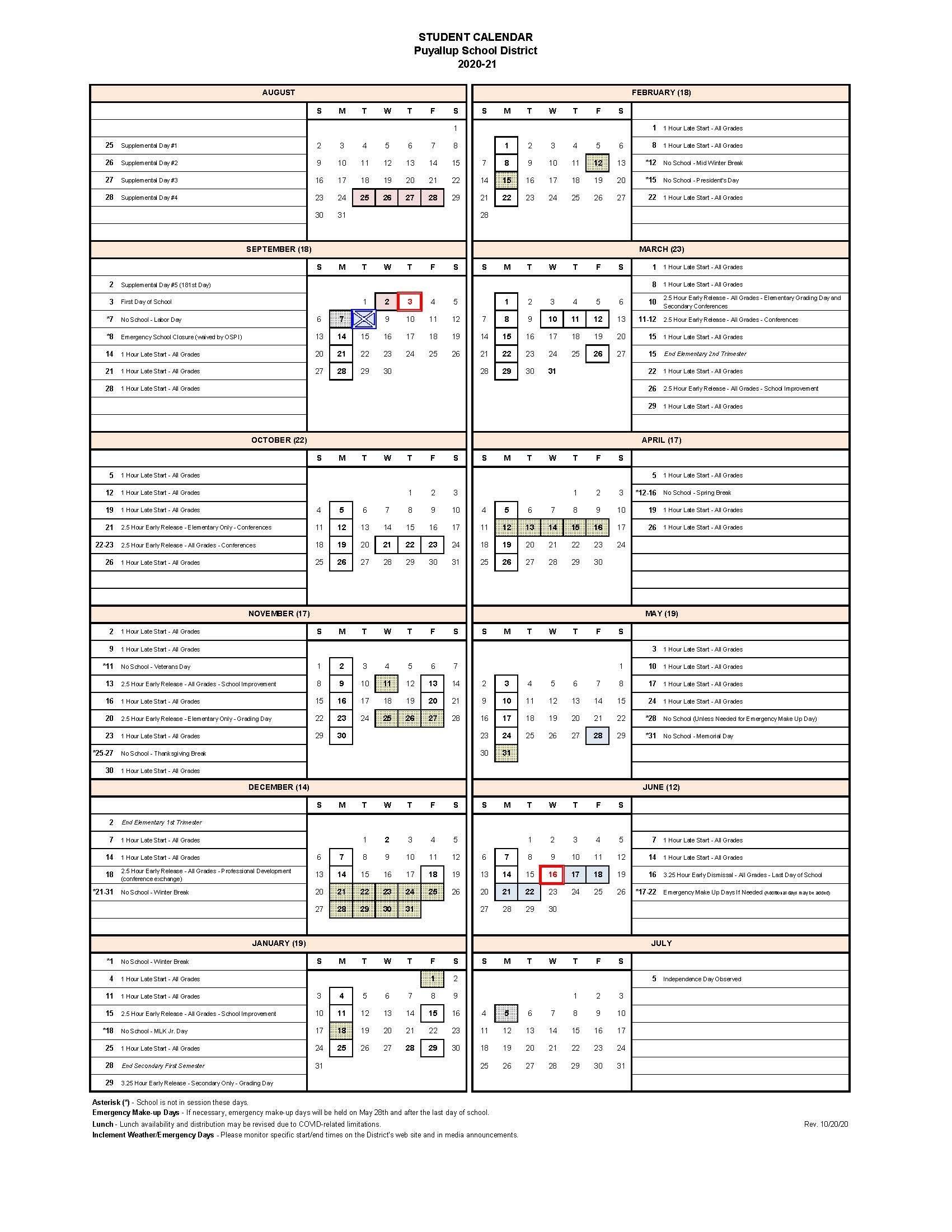 2020-21 Student Calendar - Puyallup School District