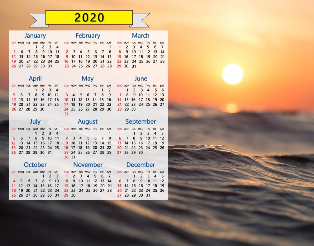 2020 Calendar: Ocean Waves Seascape Sunrise Sunset Water Nature