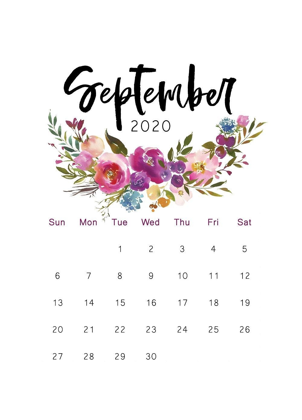 2020 Printable Calendar Floral Watercolor Calendar Letter