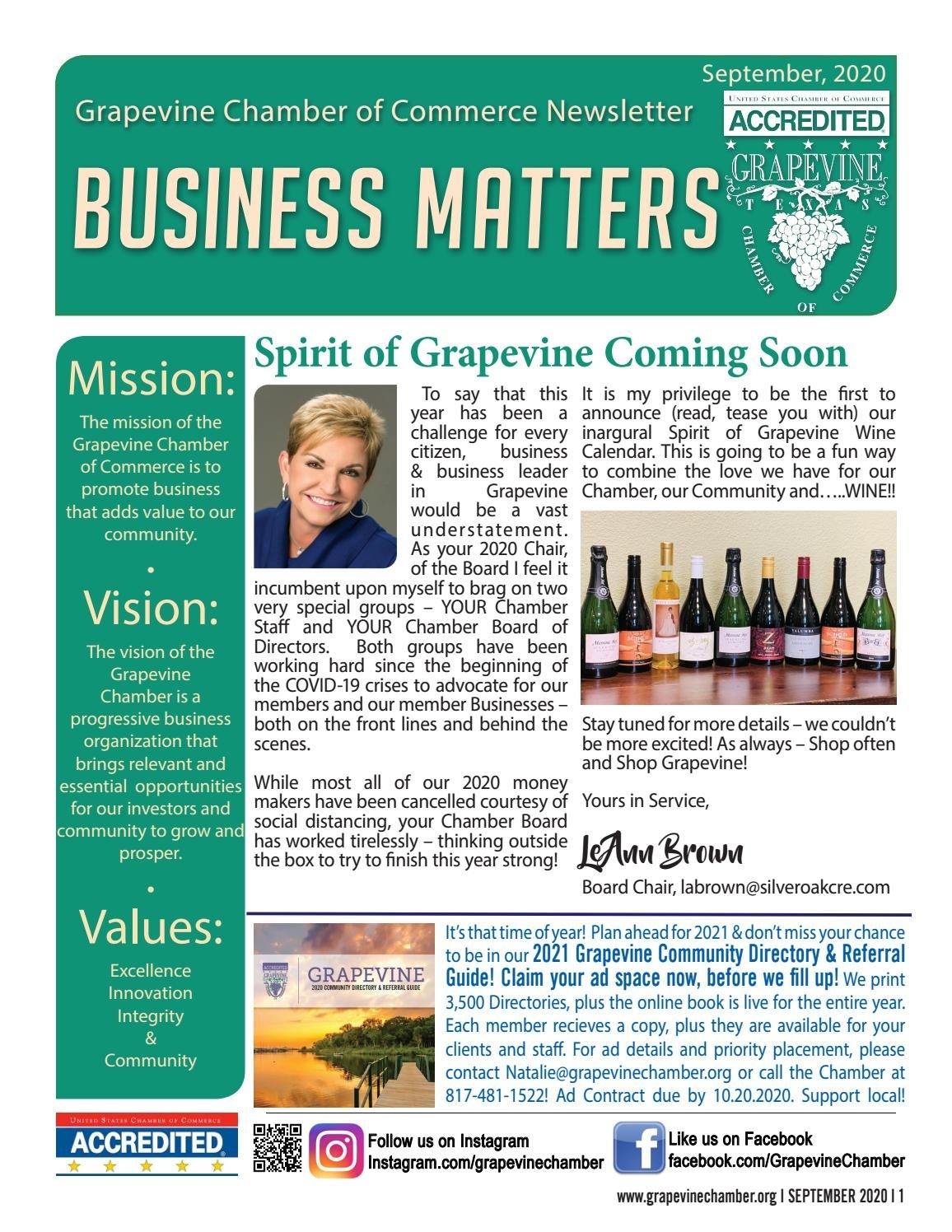 2020 September Grapevine Chamber Newsletter By Grapevine