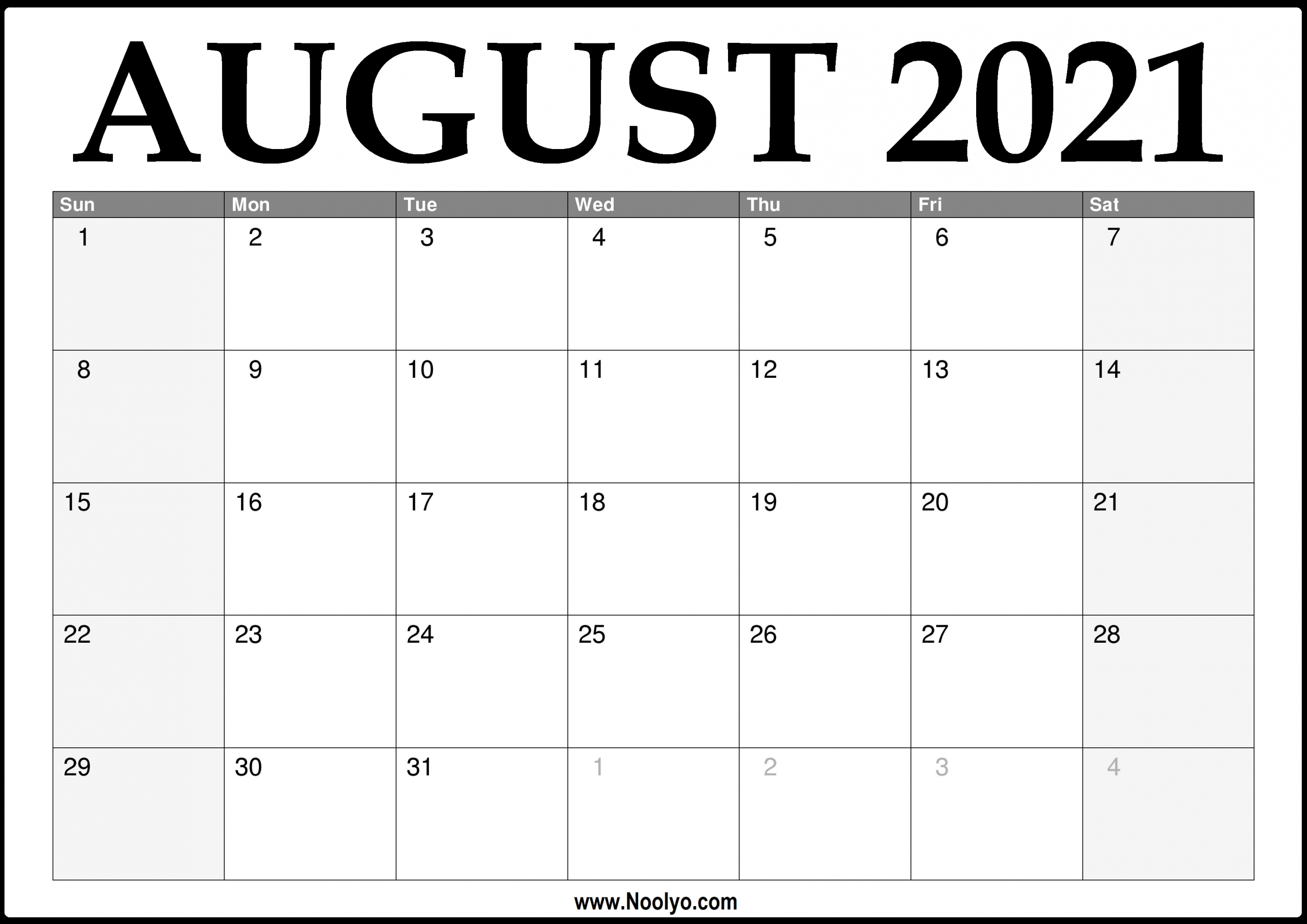 2021 August Calendar Printable – Download Free – Noolyo