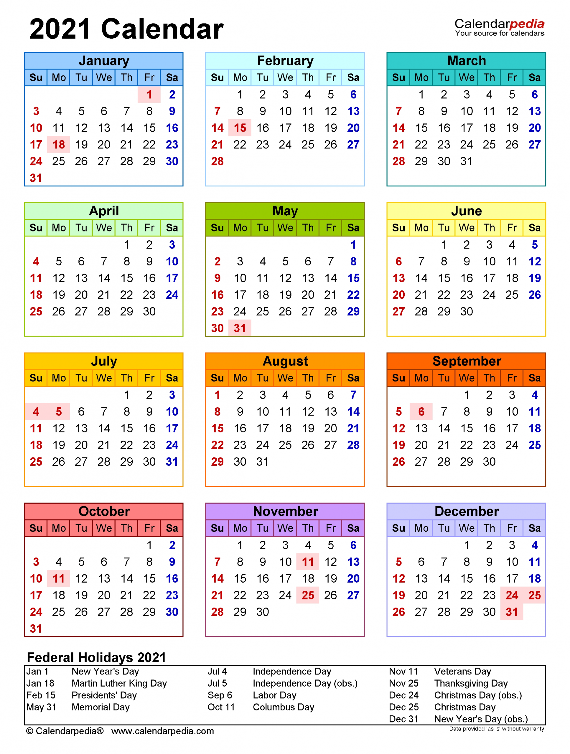 2021 Calendar - Free Printable Pdf Templates - Calendarpedia