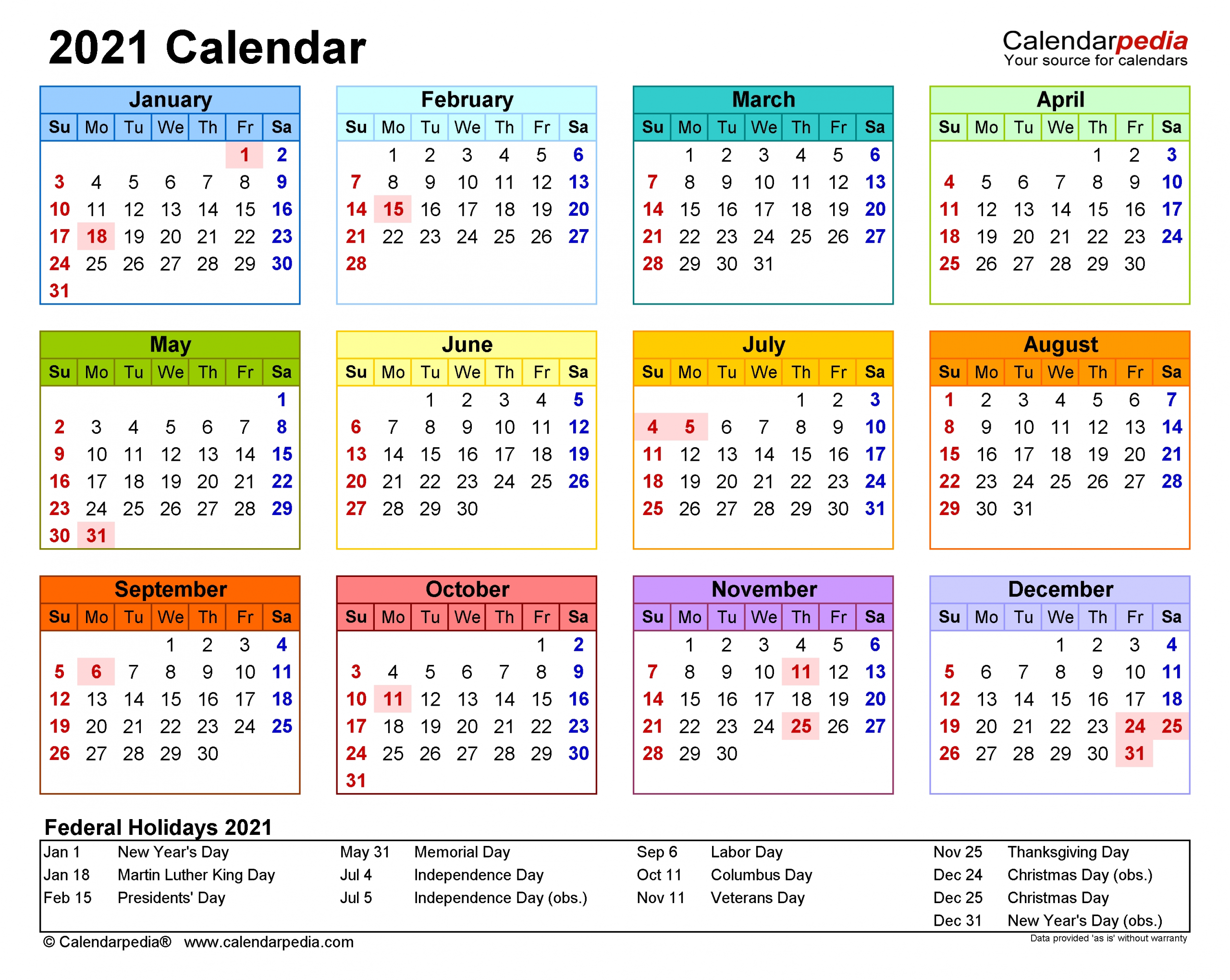 2021 Calendar - Free Printable Pdf Templates - Calendarpedia