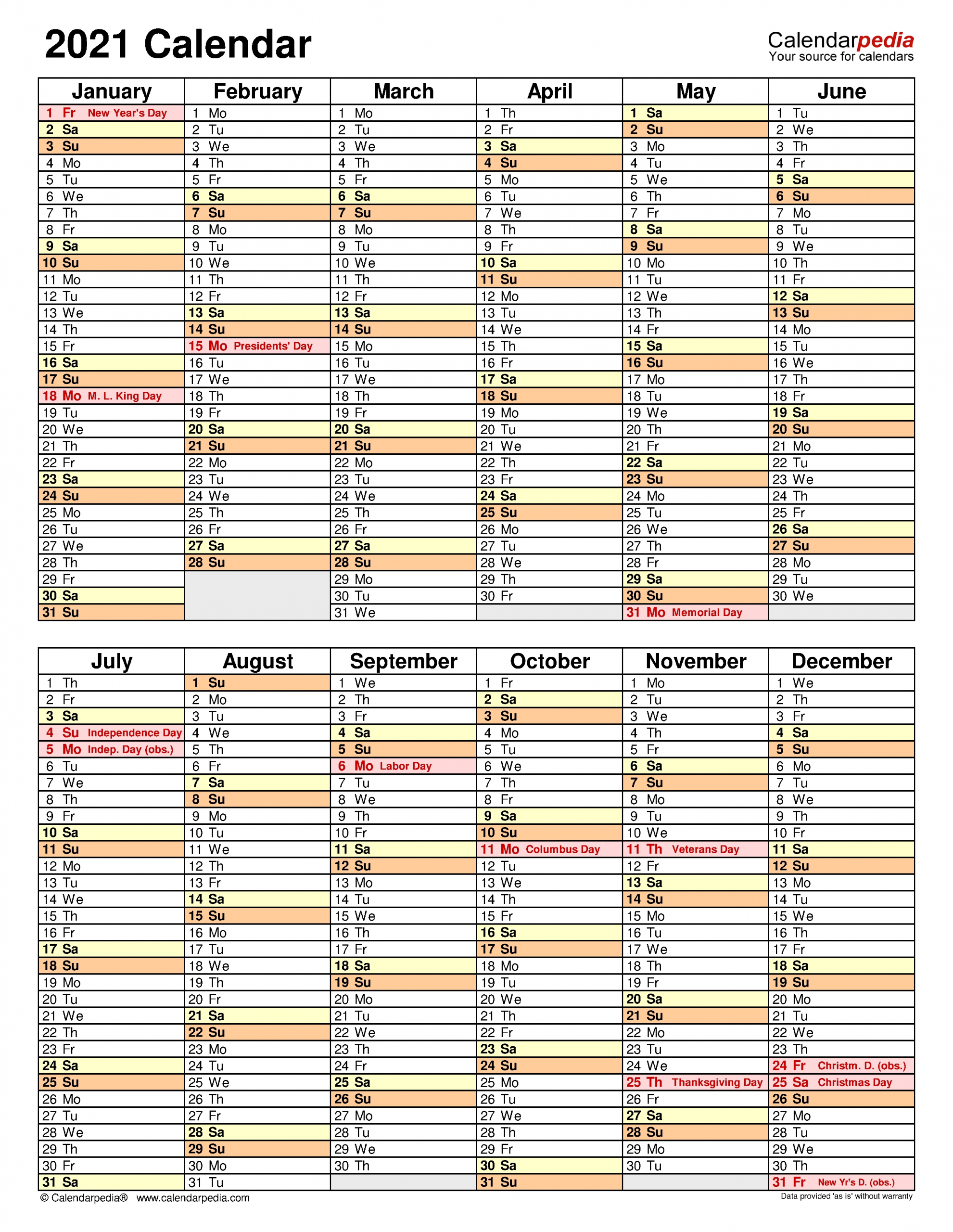 2021 Calendar - Free Printable Word Templates - Calendarpedia