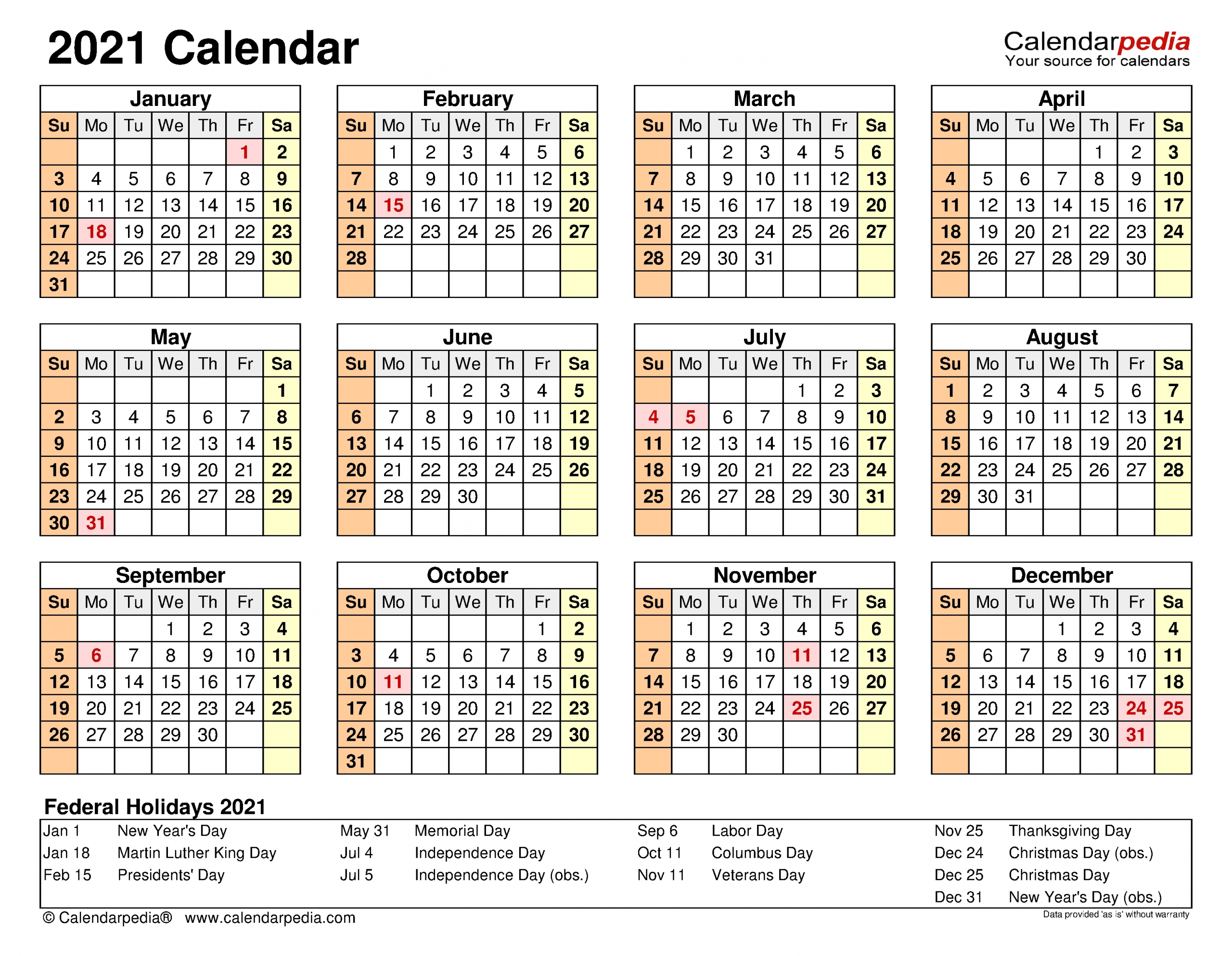 2021 Calendar - Free Printable Word Templates - Calendarpedia