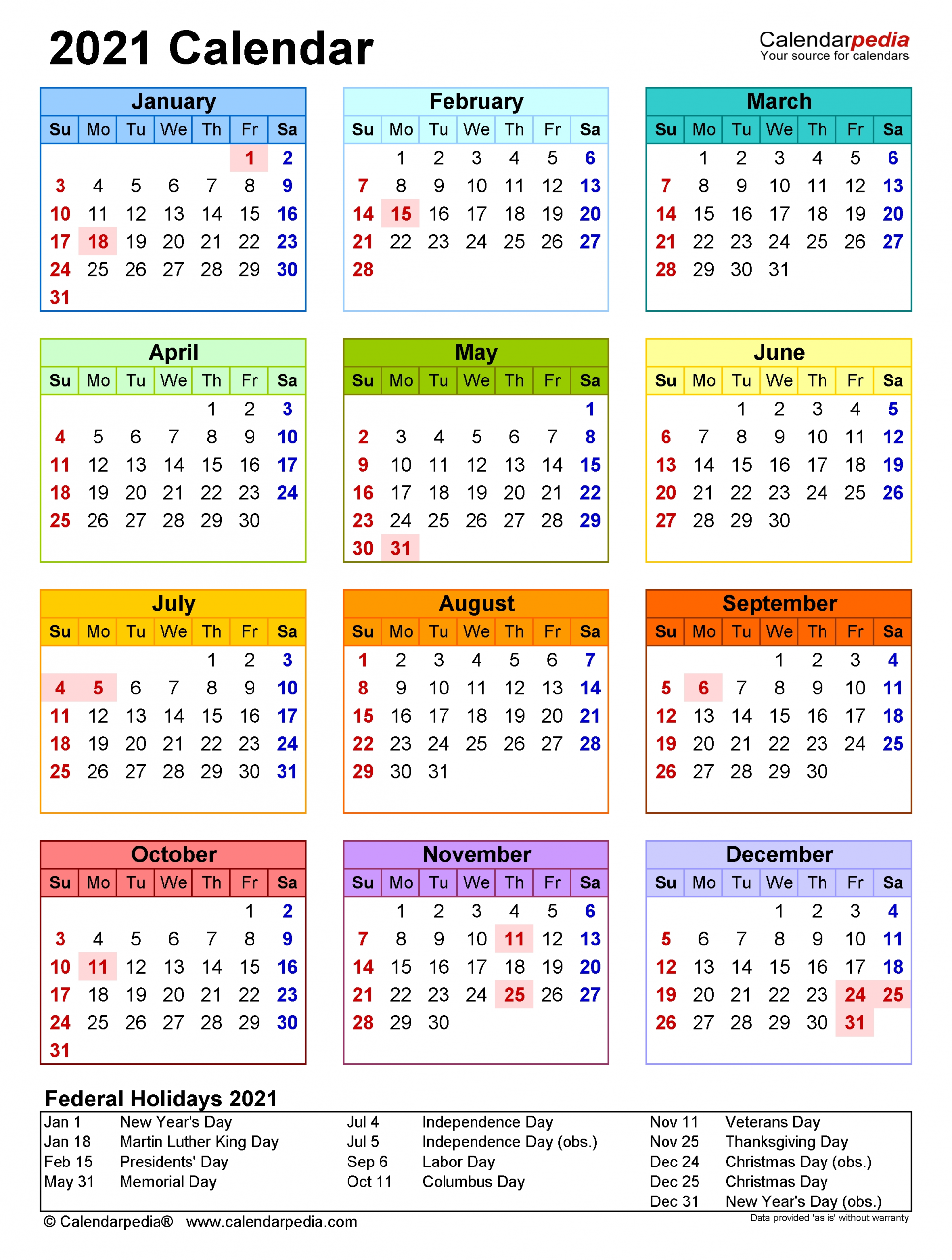 2021 Calendar - Free Printable Word Templates - Calendarpedia
