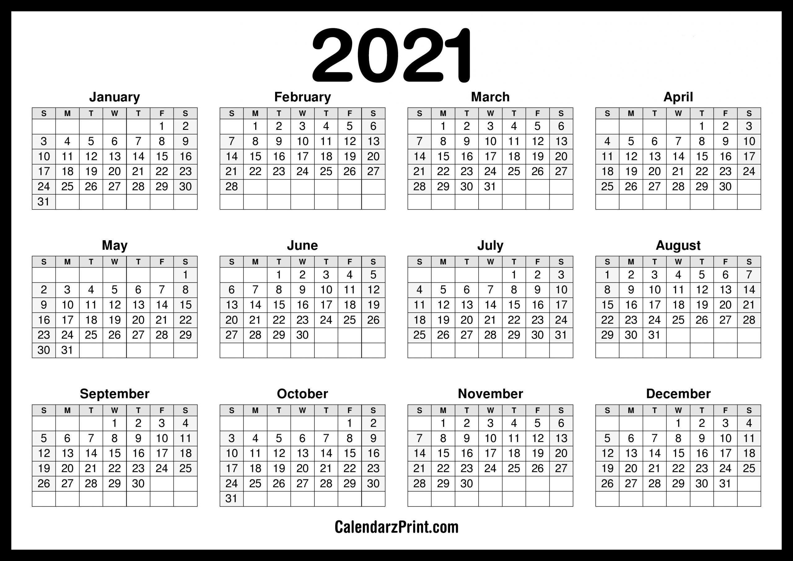 2021 Calendar Printable Free, Horizontal, Hd, Black