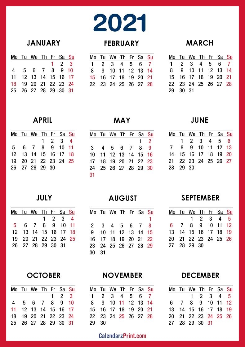 2021 Calendar Printable Free With Usa Holidays, Red – Monday
