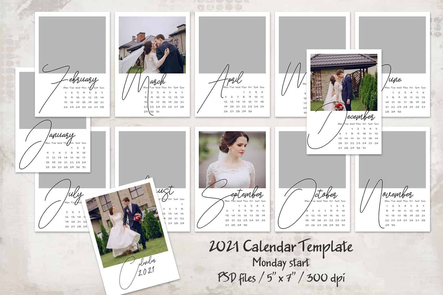 2021 Calendar Template, Monday Start 5X7