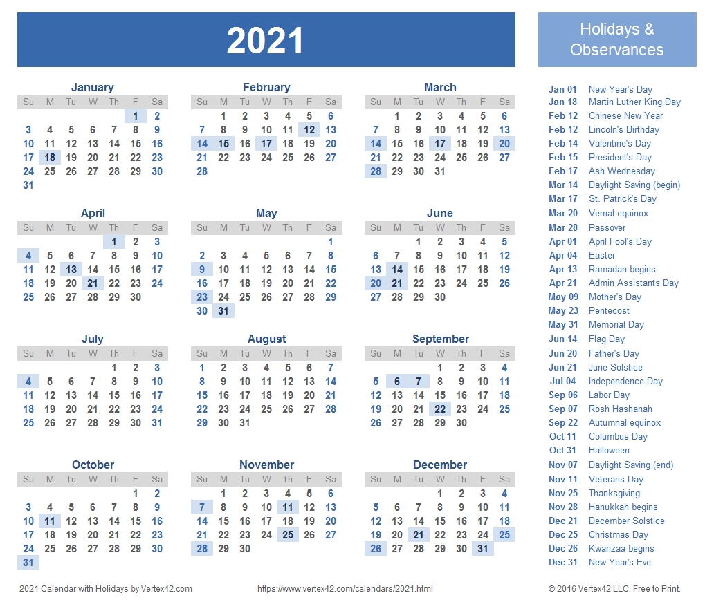 Perfect 2021 Calendar Printable With Holidays