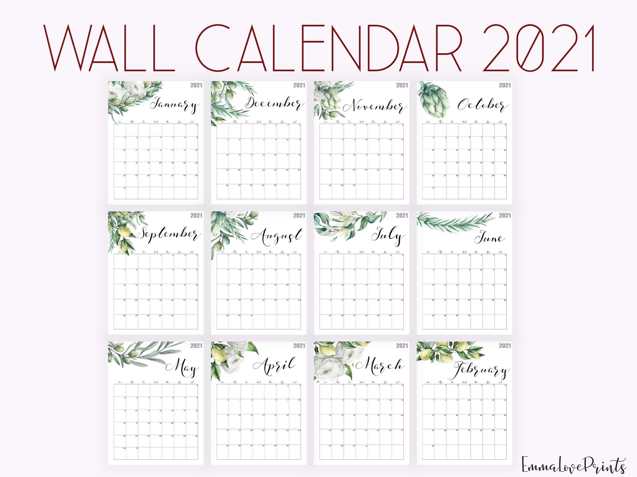 2021 Calendar Watercolour Calendar 2021 Botanical Wall