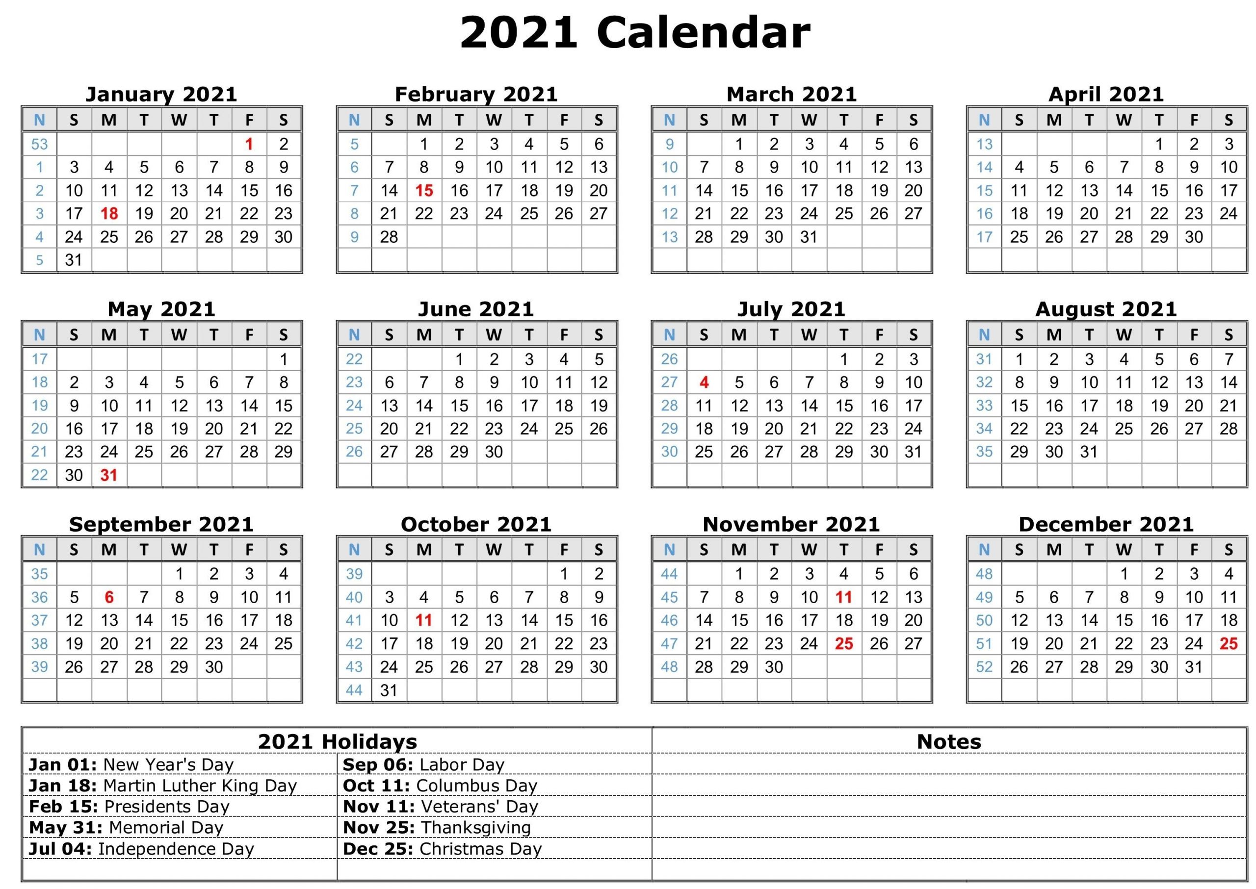 The Year 2021 Calendar With Holidays Printable