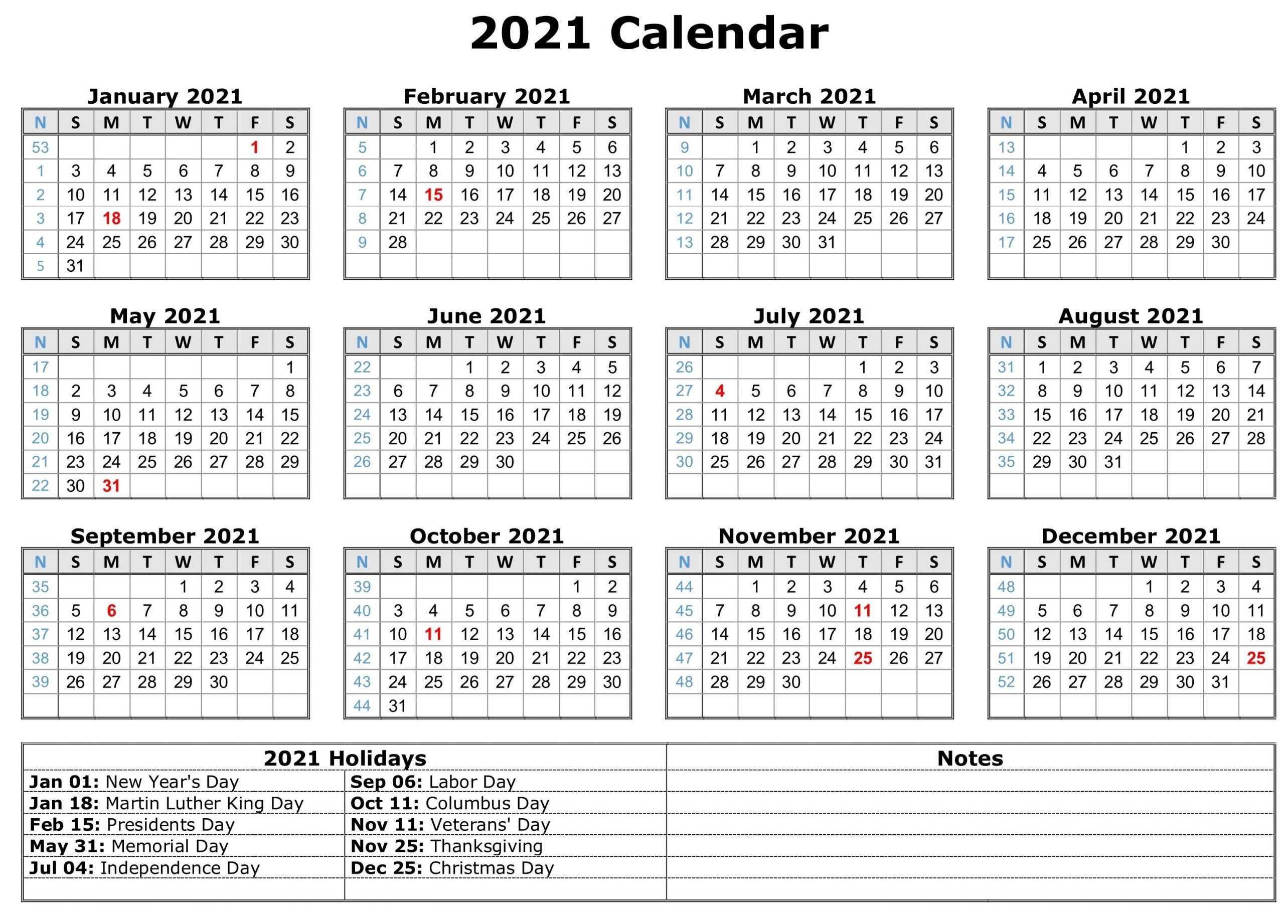 2021 Calendar With Holidays | Calendar Template, Free