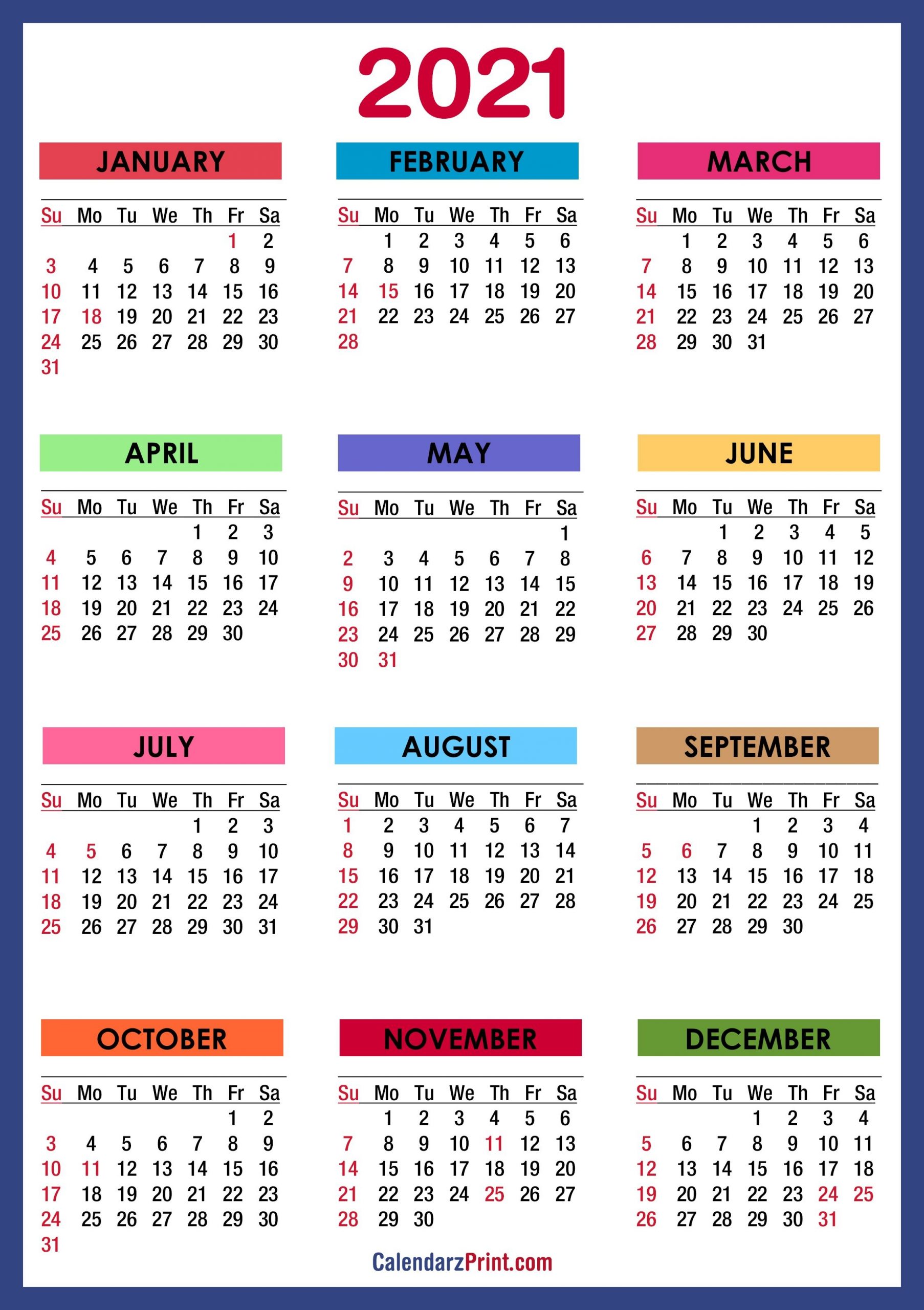 2021 Calendar With Holidays, Printable Free, Colorful, Blue