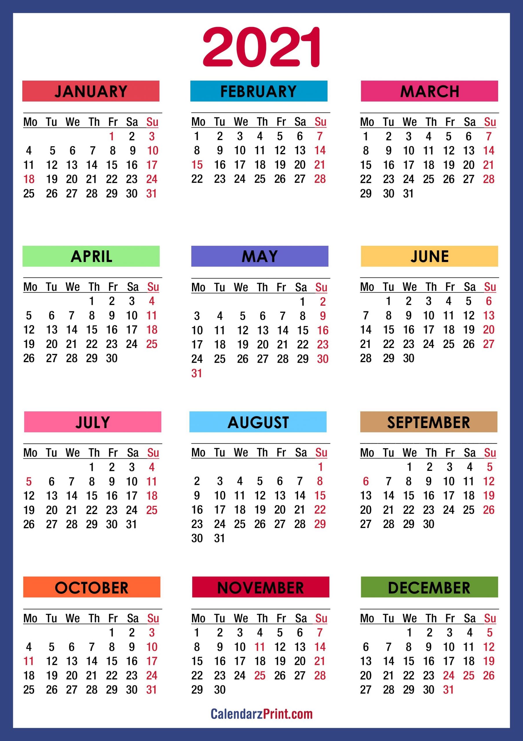 2021 Calendar With Holidays, Printable Free, Colorful, Blue