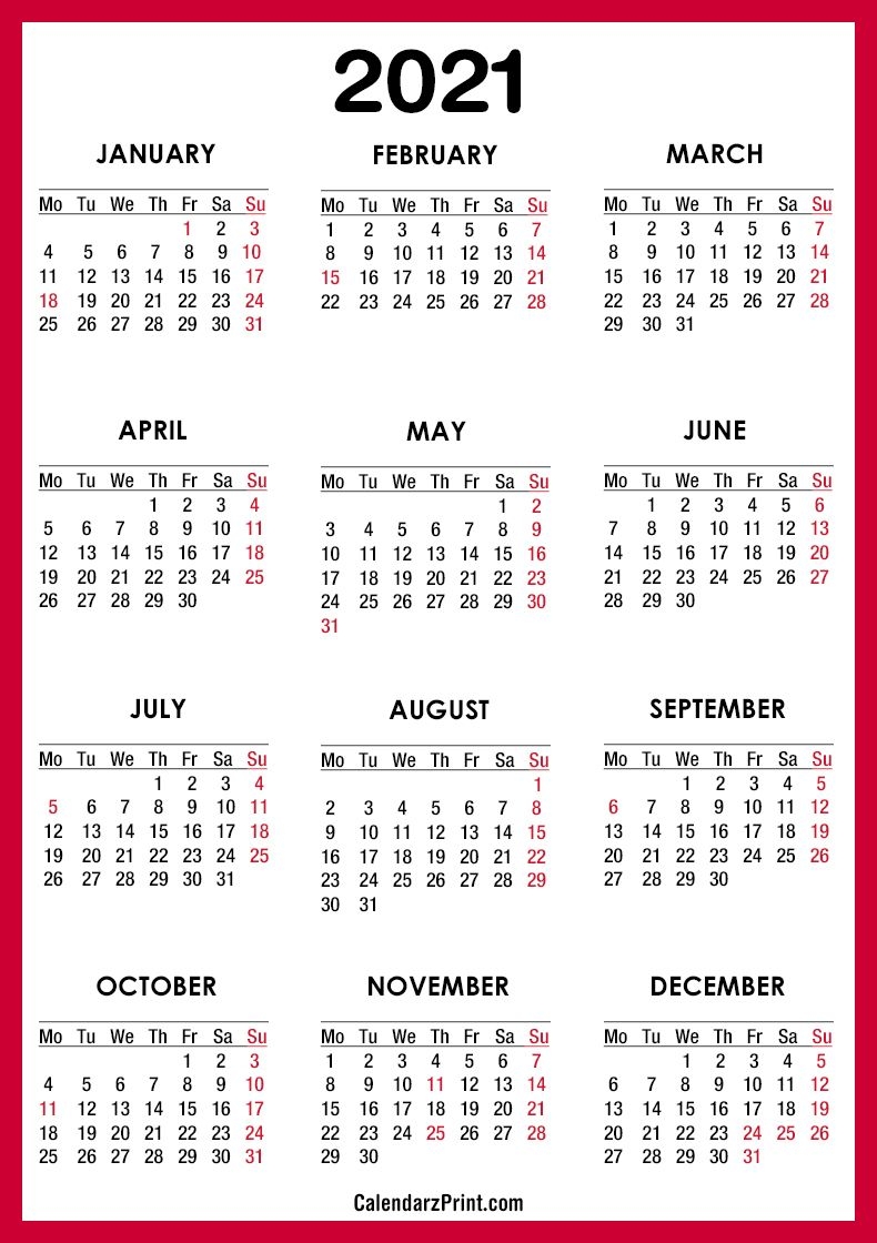 2021 Calendar With Us Holidays, Pdf – Printable, Red, Ms