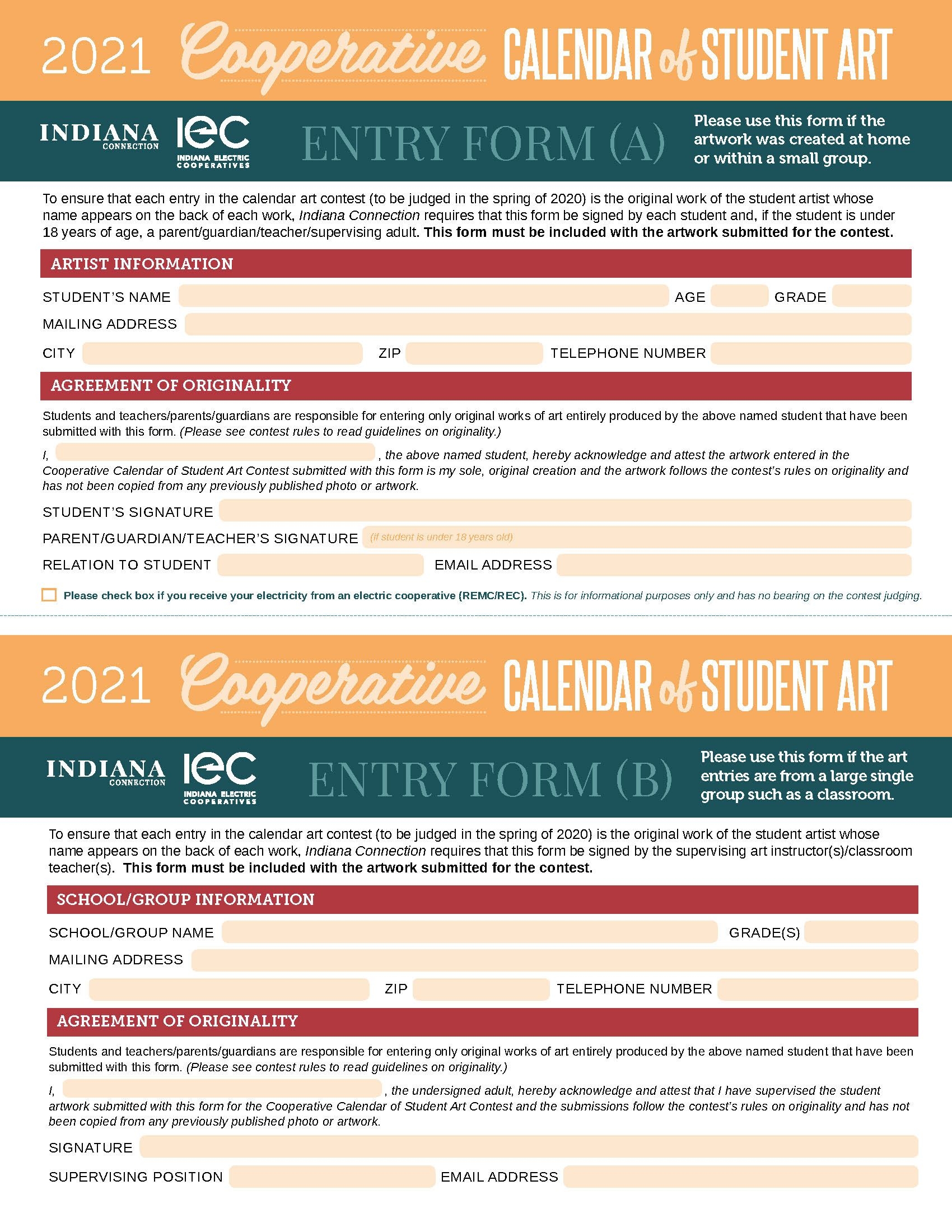 2021 Cooperative Calendar Of Student Art Contest - Indiana